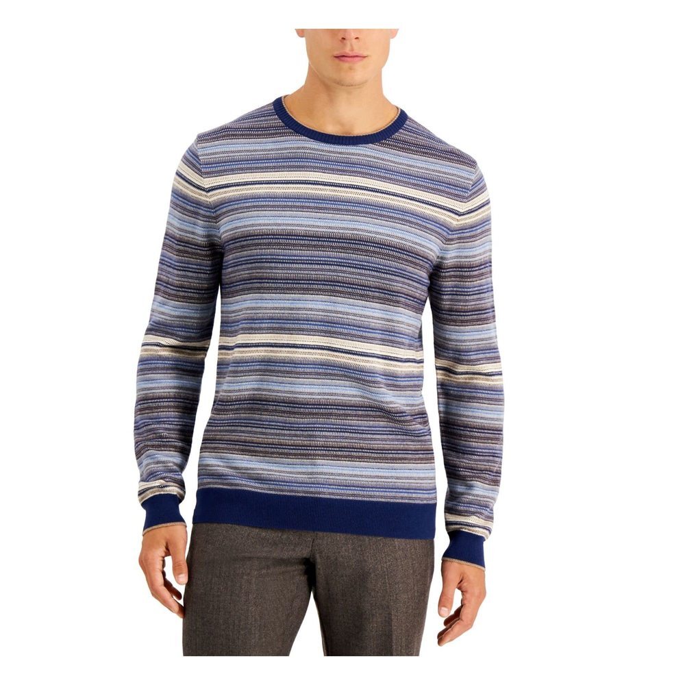 Tasso Elba Mens Navy Striped Long Sleeve Sweater S